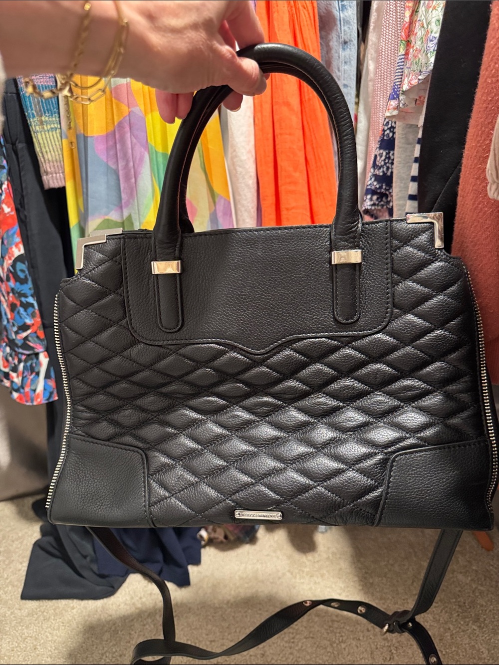 Rebecca Minkoff Black Leather Quilted Satchel Handbag with Silver hardware